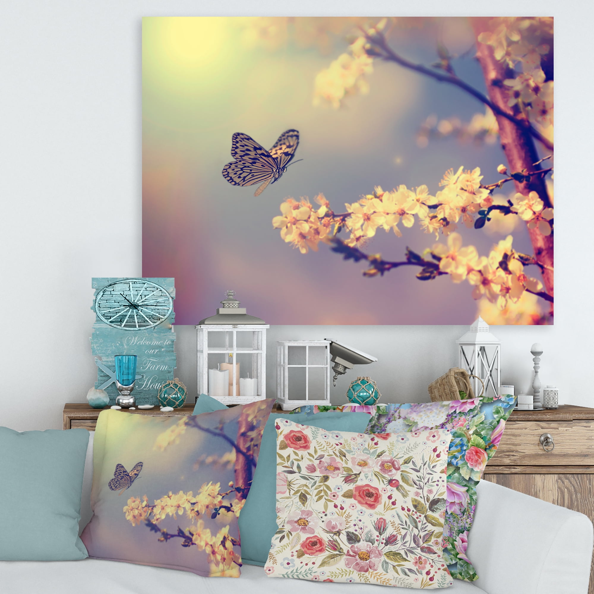 Designart ' Ancient Butterfly Flying To A White Flower ' Traditional Canvas Wall Art Print