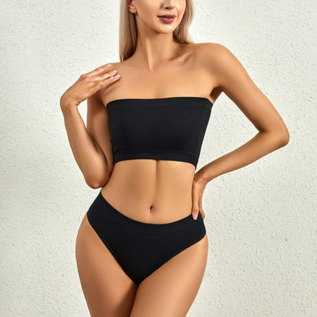 TUWABEII Women s No-steel Ring Gathering No-marking Breathable Tube Top Underwear Briefs Suit Wireless Lift T-Shirt Bra