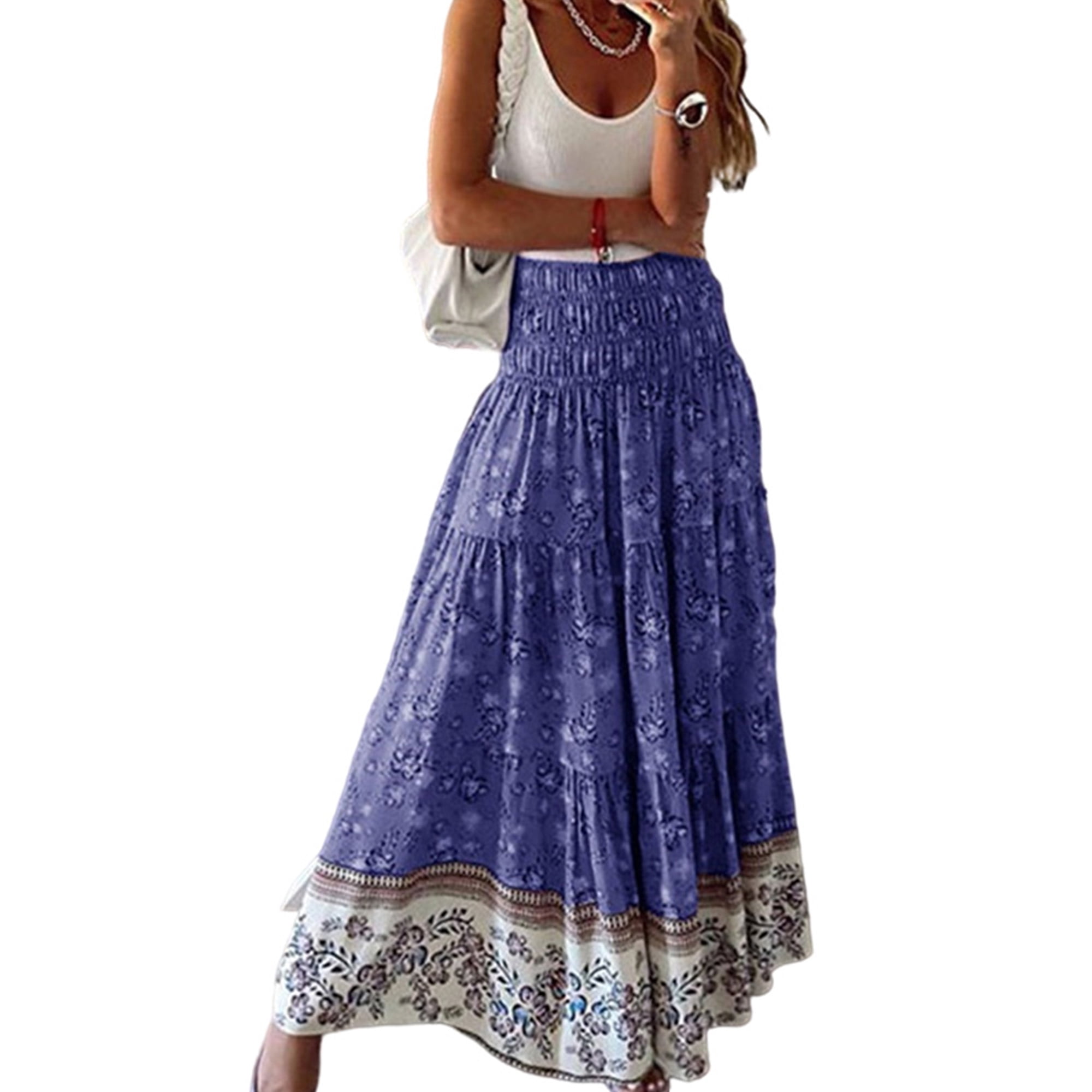 LUXUR Ladies Long Skirts High Waist Maxi Skirt Floral Print Loose Boho Blue 3XL