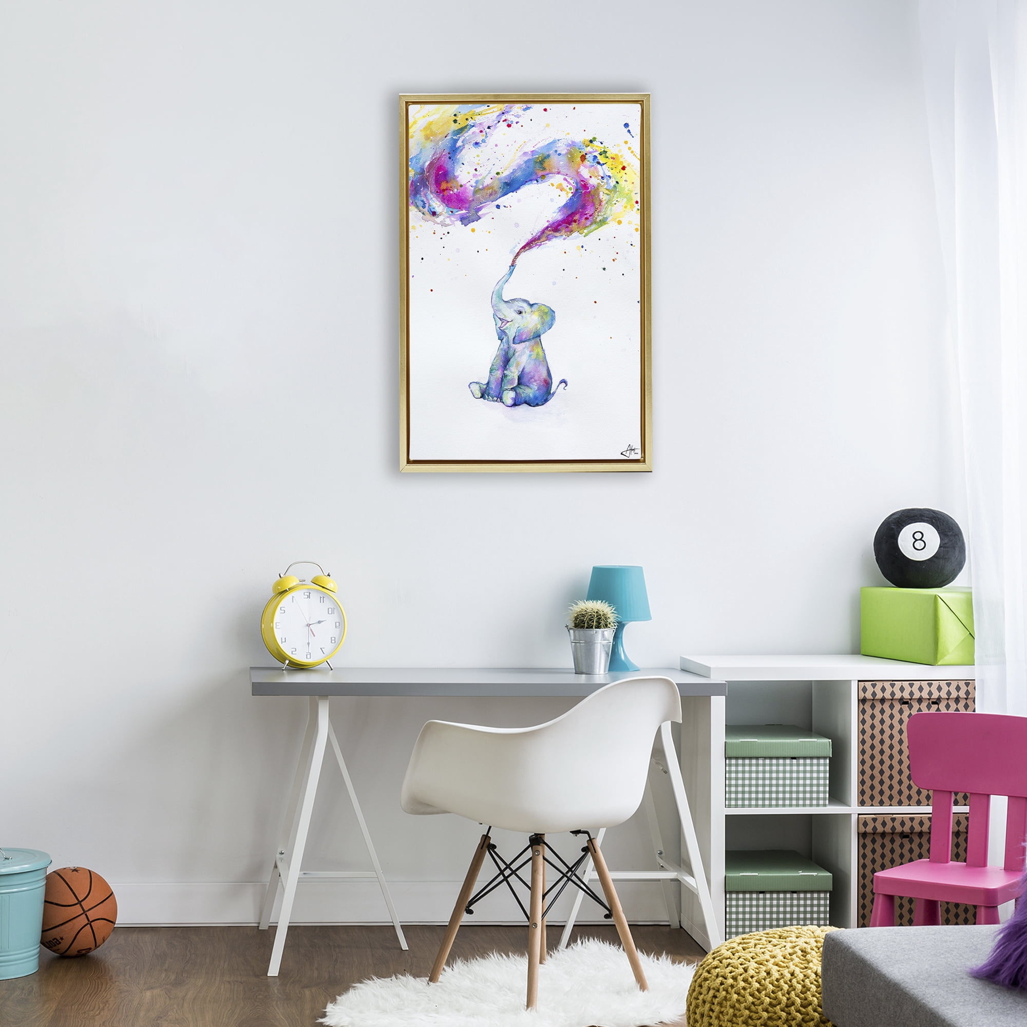 Stupell Industries Spring Elephant & Paint Splatter Gold Framed Floater Canvas Wall Art, design by Marc Allante