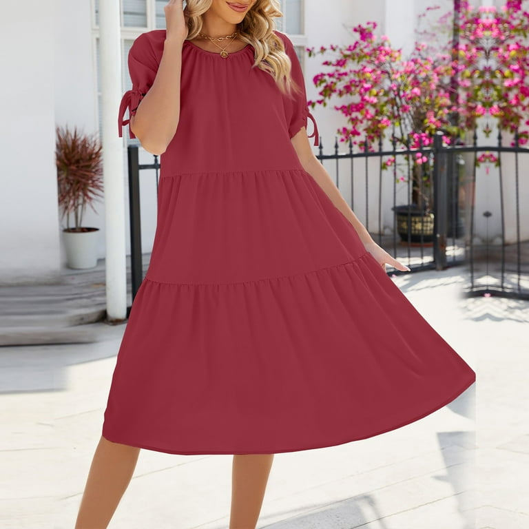 CGMDTZ Women A Line Tent Dress Big Hem Midi Dress Flowy Short Puff Sleeve Summer Ties Sleeve Dress Cute Loose Casual Dress Crew Neck Breathable Ruched