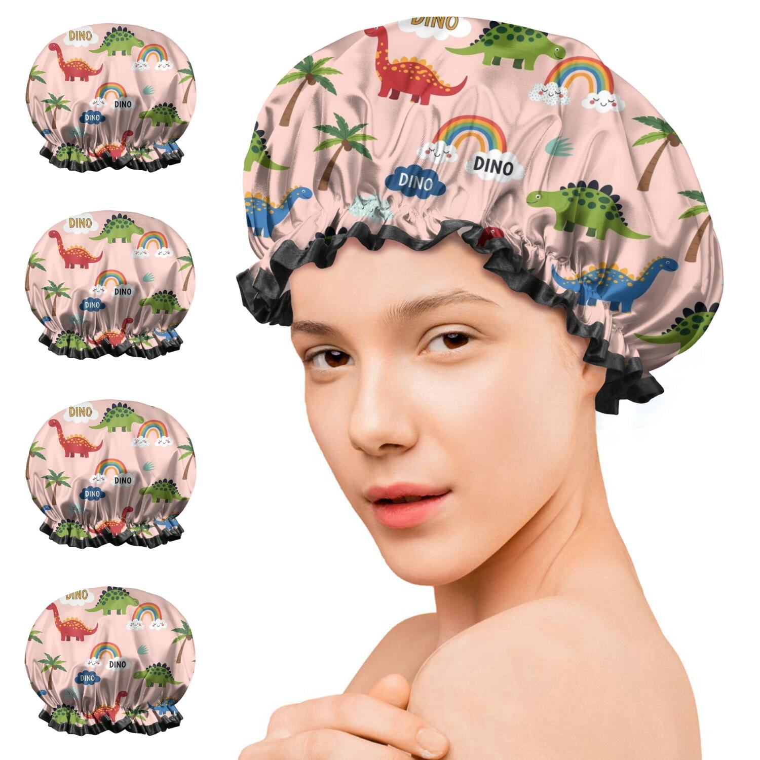 Shower Caps,Pink Dinosaur and Rainbow Pattern Waterproof Shower Cap for Women 4 Pieces,Double Reusable Hair Cover for Shower PEVA Elastic Stretch Hem
