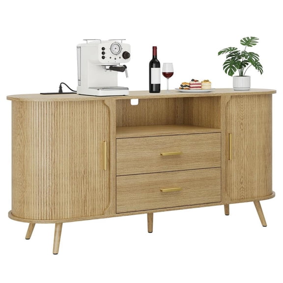 60" Fluted Storage Cabinet for Living Room,Mid-Century Modern Sideboard with Sliding Doors, Buffet Cabinet with Drawers & Solid Wood Legs, Large Accent Credenza for Home, Dining Room