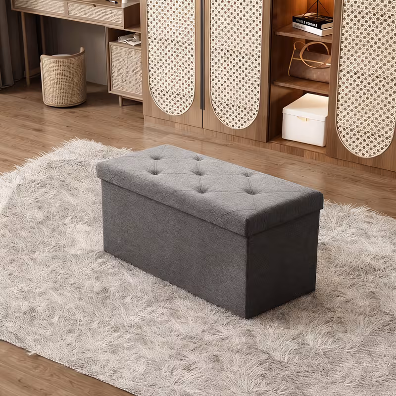 43" Foldable Storage Ottoman Bench with Bins, Padded Footrest Stool for End of Bed, Living Room and Entryway, Holds up to 800 lbs, Gray