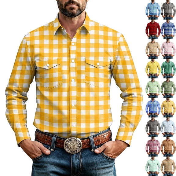 GrmtClth Mens Shirts Long Sleeve Casual Plaid Button Down Shirt Shirt Cowboy Work Shirts Vintage Lightweight for All Seasonwith Pockets M