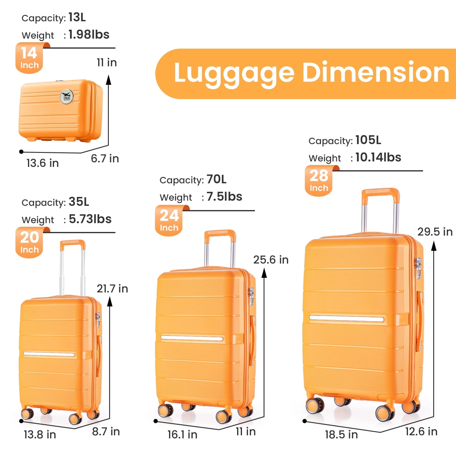 Orange 4-Piece Luggage Set (14/20/24/28") PP Hardshell Suitcase - Lightweight & Durable, Expandable, Spinner Wheels, Travel Ready