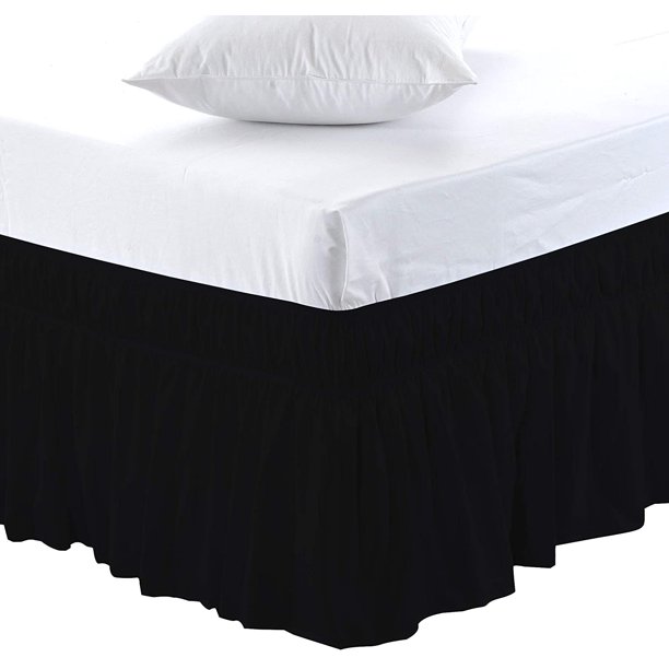 Wrap Around Bed Skirts for Queen 60 x 80 Beds 18 Inches Drop, Black Elastic Dust Ruffles Easy