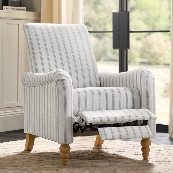 Farmhouse Push-Back Recliner with Rolled Armrests Solid Wood for Rustic Home Living Room Lounge Chair Grey Thin Stripes