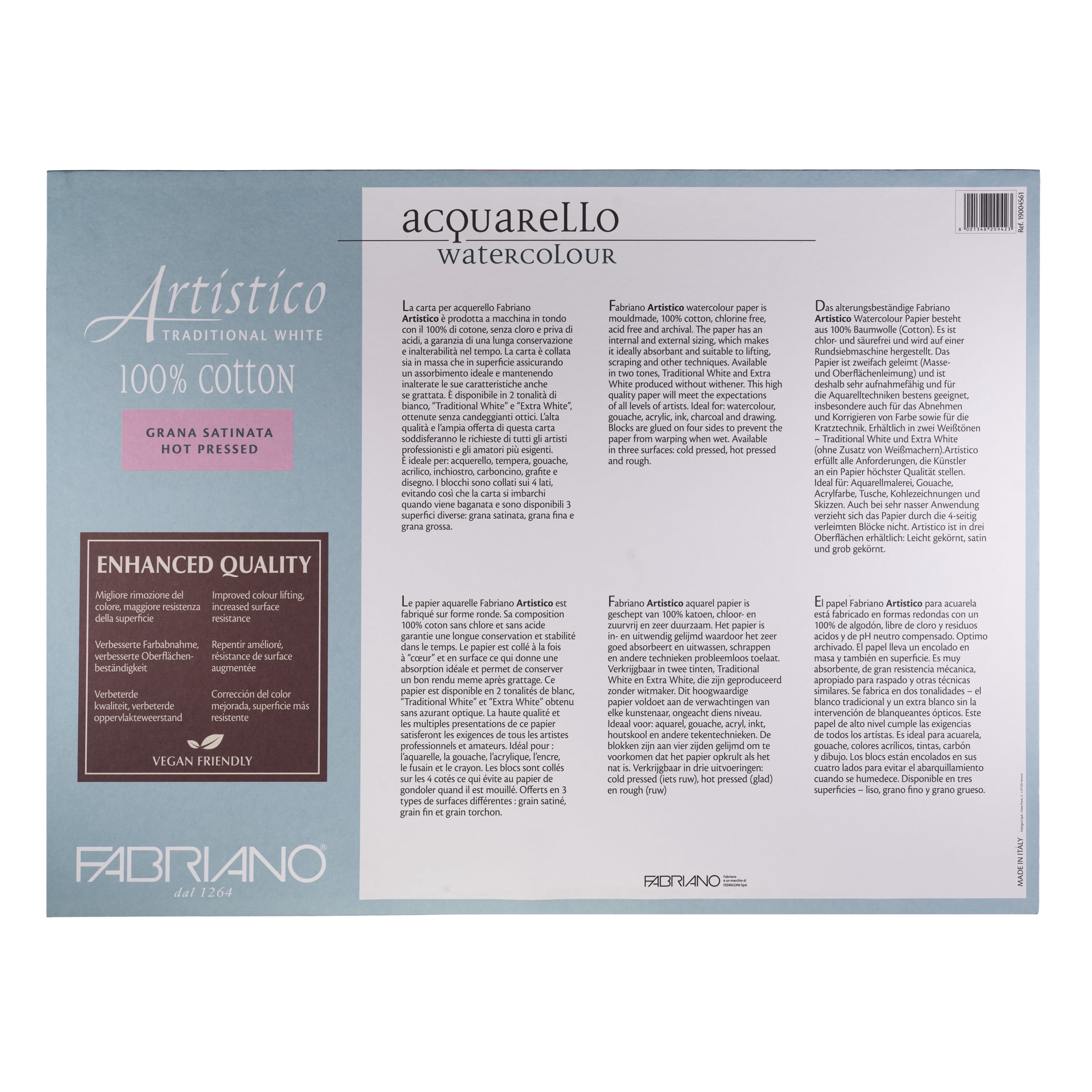 Fabriano Artistico Traditional White Watercolor Block, 140 lb./300 gsm, Hot Press, 10 Sheets, 18" x 24"