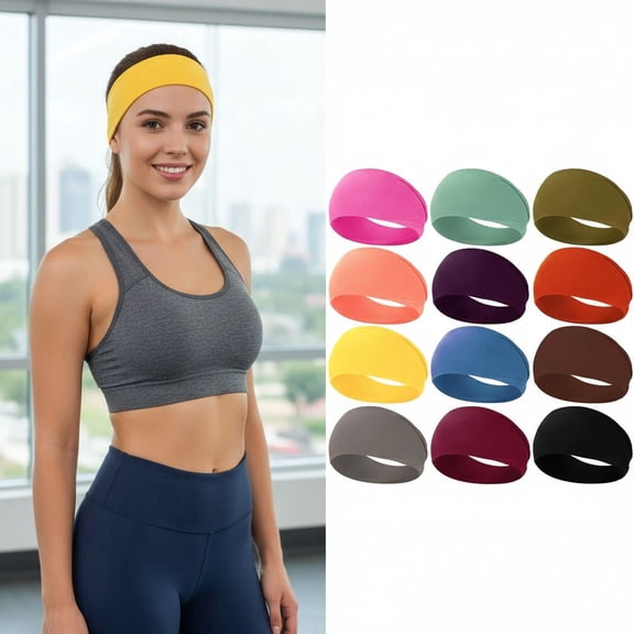 12pcs Workout Wide Headbands for Women Non Slip, Super Soft Yoga Running Exercise Head Bands, Elastic Sweat Band Hair Bands for Women's Hair, Womens Solid Headband Hair Wrap