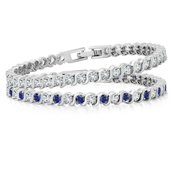 Gem Stone King 2 Piece Round White Cubic Zirconia and Simulated Blue Sapphire Tennis Bracelet for Womens