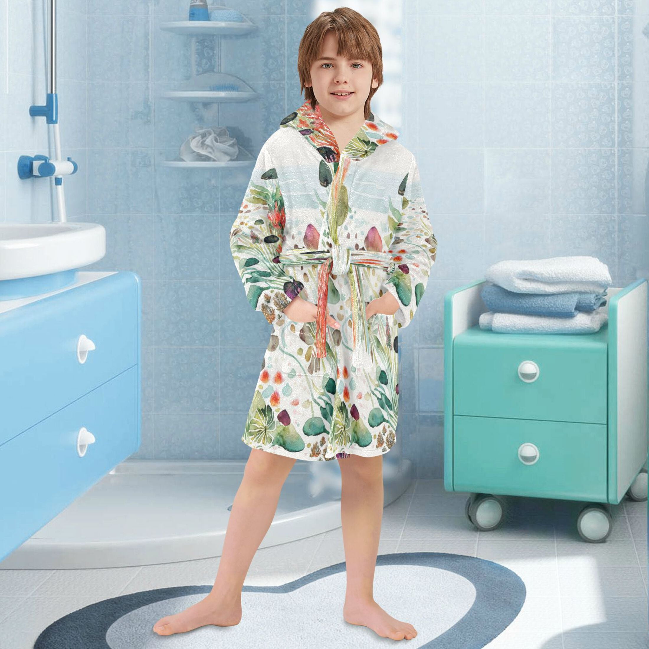 RMDQTR Hooded Fleece Bathrobe with Removable Belt and Pockets Soft and Absorbent for Home, Pool, Beach, Halloween, and Christmas Wear Pondside Chandelier Fusang