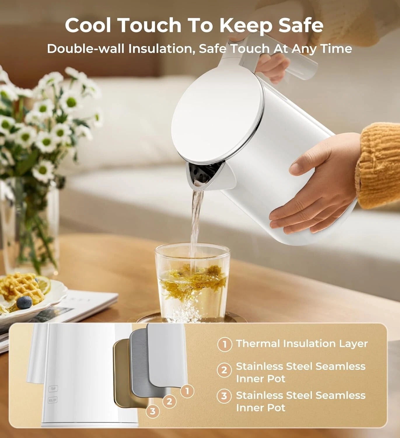 Electric Kettle 1.0L | 7 Temp Control, Cool Touch, Keep Warm, Auto Shut-Off-WHITE