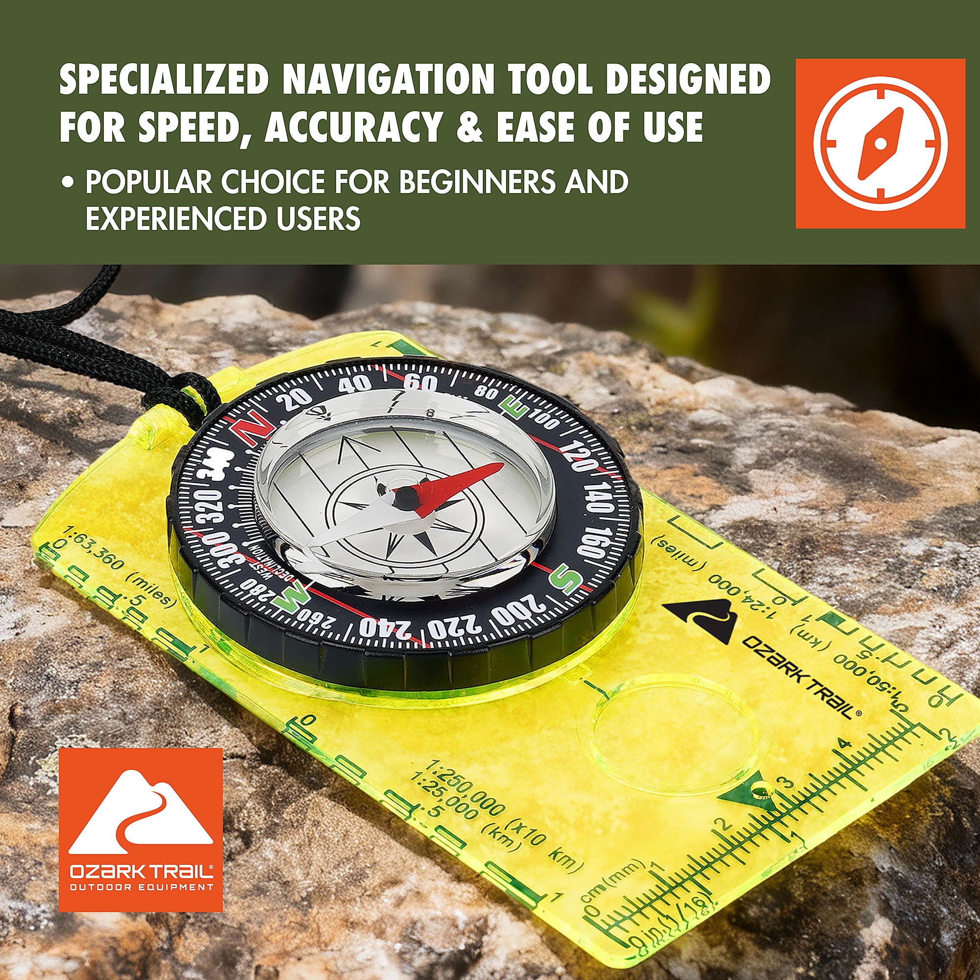 Ozark Trail Orienteering Compass, Lightweight and Reliable Green with Multiple Scale Ruler