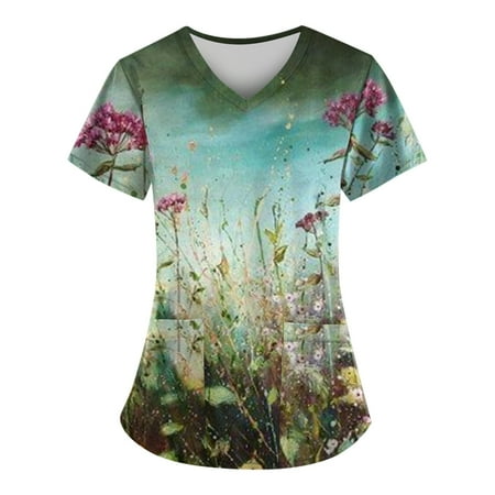 

Sksloeg Scrub Tops For Women Clearance Comfort Scrubs Women s Oil Painting Printed V-Neck Scrub Top Shirts Nursing Working Uniform Sky Blue S