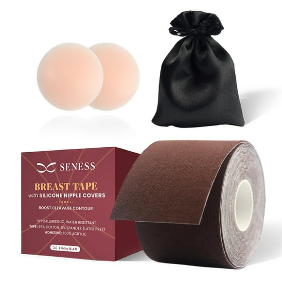 SENESS Boob Tape with Pair of Nipple Cover | Sticky Bra | Boobtape, Strapless Bra, Backless Bra, Nipple Pasties, Body Tape (Mocha)