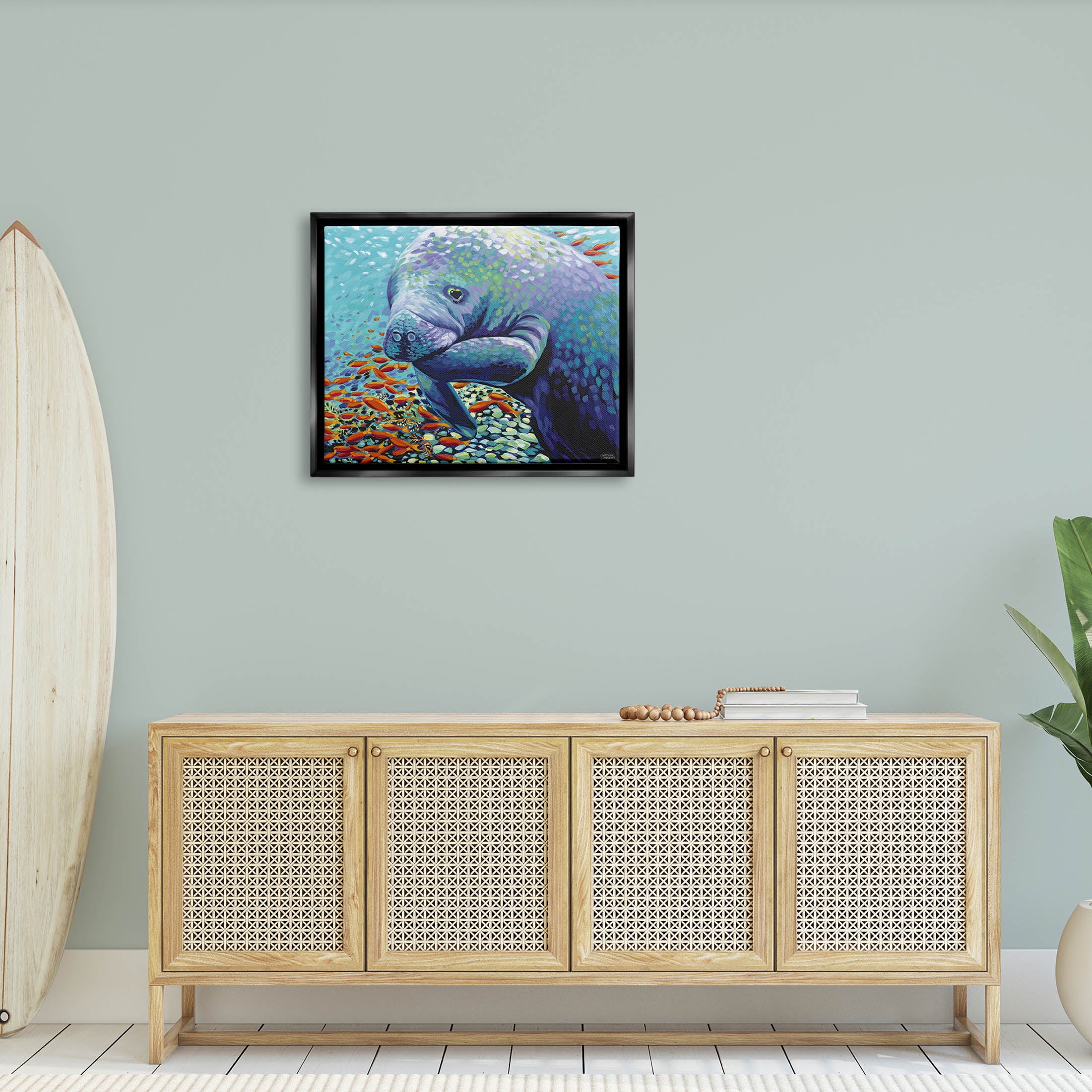 Stupell Industries Underwater Manatee Impressionist Painting Jet Black Floating Framed Canvas Print Wall Art, Design by Carolee Vitaletti