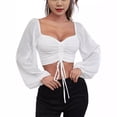 thumbnail image 3 of Top ajustado adelgazante de gasa con mangas farol y cordón con costuras y escote en V sexy para mujer, 3 of 6