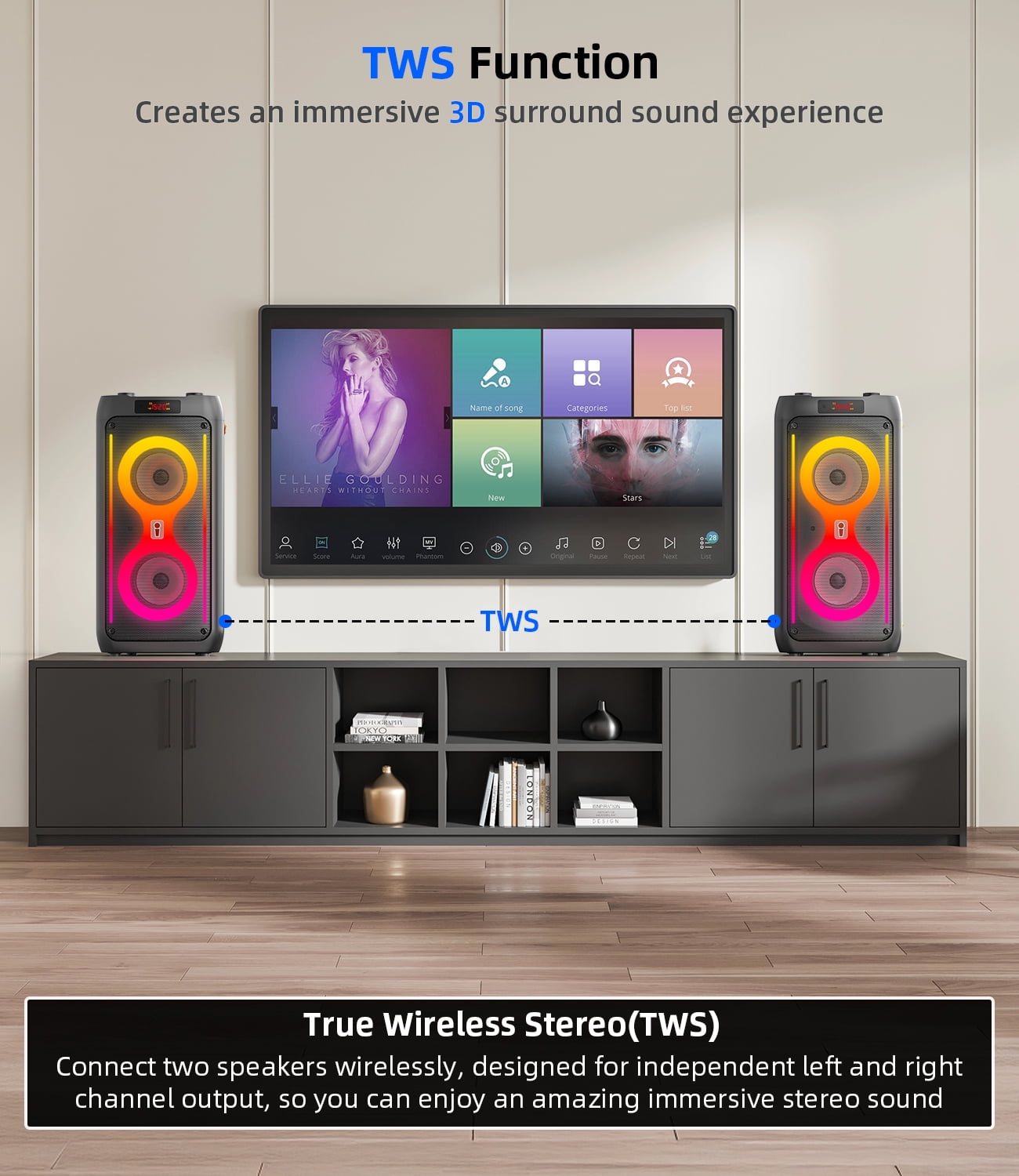 Gesnada Karaoke Machine with 2 Wireless Microphones, 200W Peak Power, TWS, USB/TF/AUX, Perfect Graduation Gift