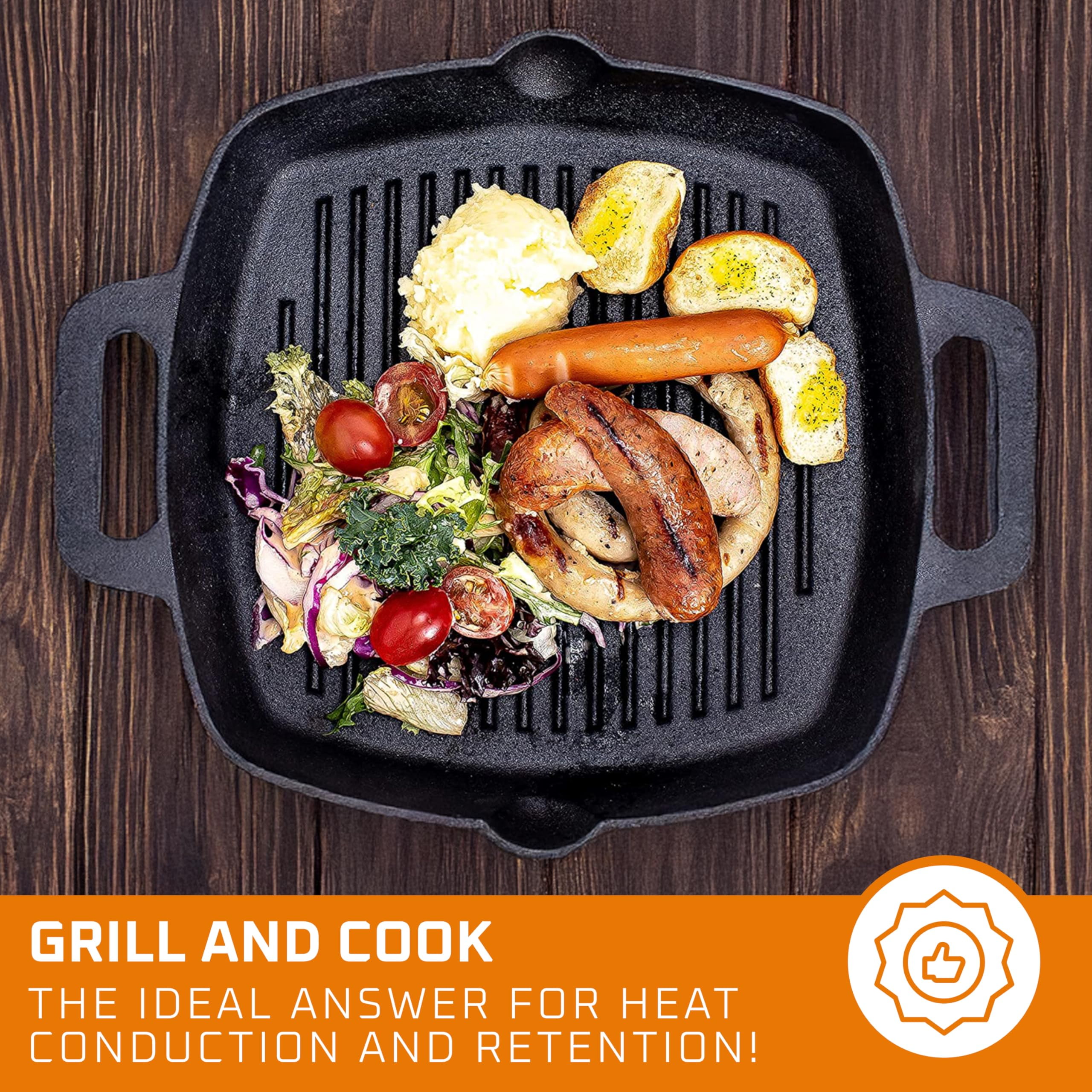 Bruntmor 10 Inch Square Cast Iron Grill Pan Steak Pan Pre Seasoned Grill Pan with Easy Grease Drain Spout, with Large Loop Handles for Grilling Bacon, Steak, and Meats