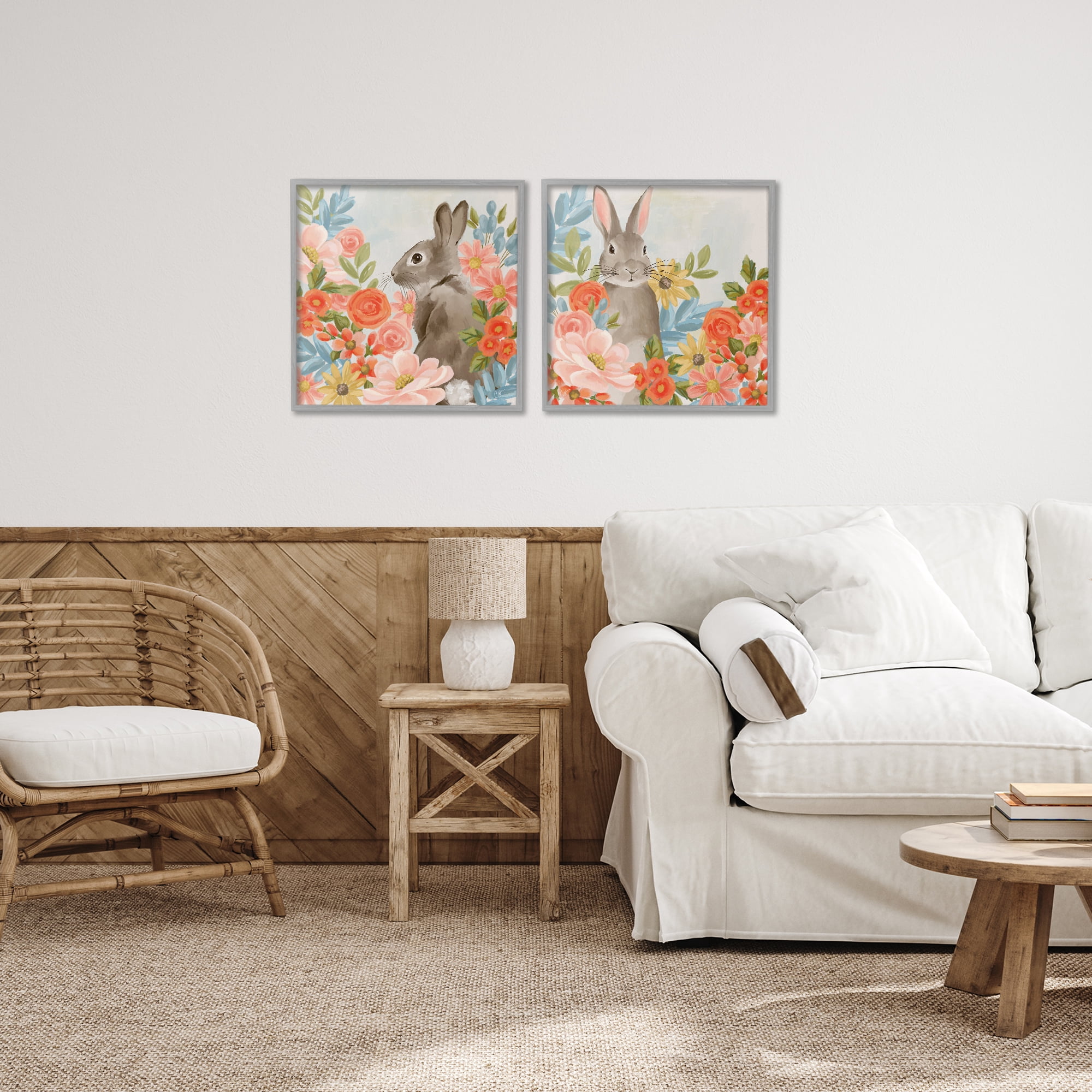 Stupell Industries Bright Bunny Blooms 2 Piece Gray Framed Giclee Art Set, design by Cat Thurman Designs
