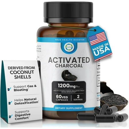 TrueMed Activated Charcoal Organic Coconut Shell Derived Charcoal Capsule,1200mg, 60 Capsules, Support Detox & Digestive Health, Activated Charcoal Capsules for Health-Conscious Individuals