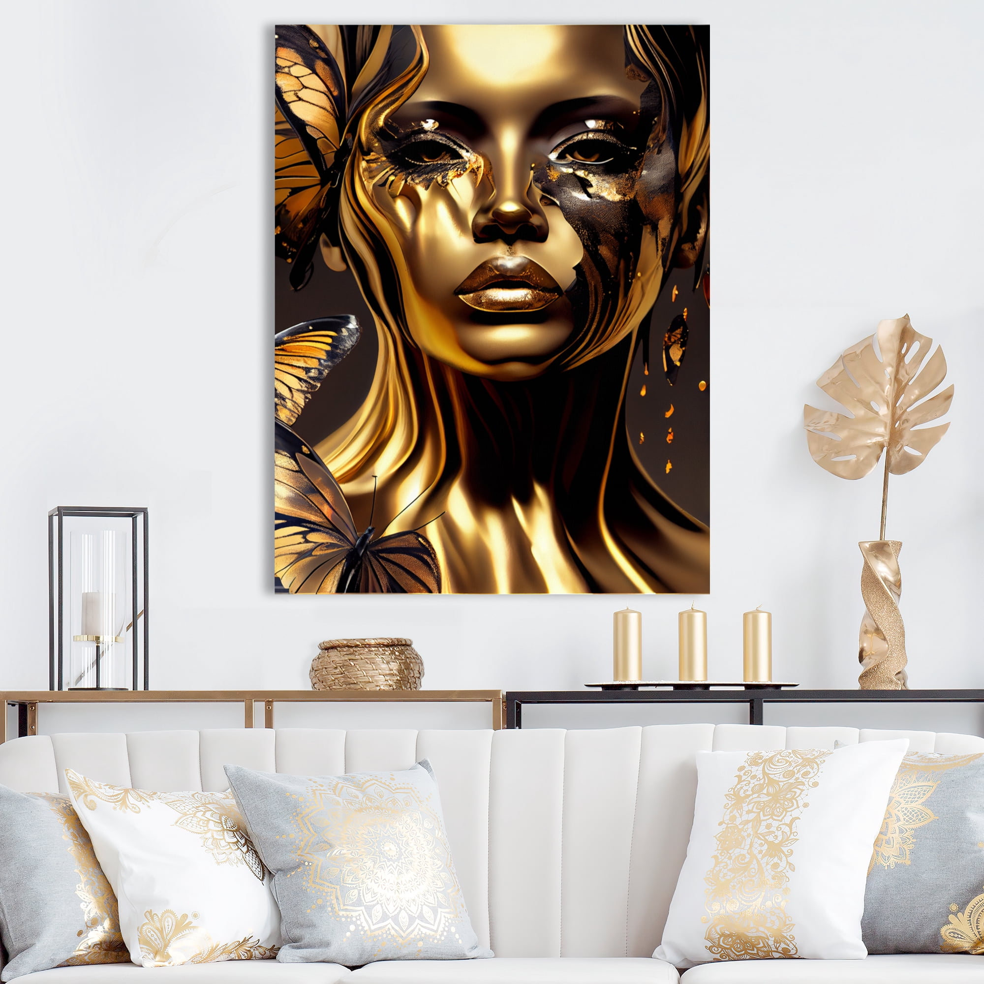 Designart Woman With Black And Gold Butterflies I Canvas Wall Art