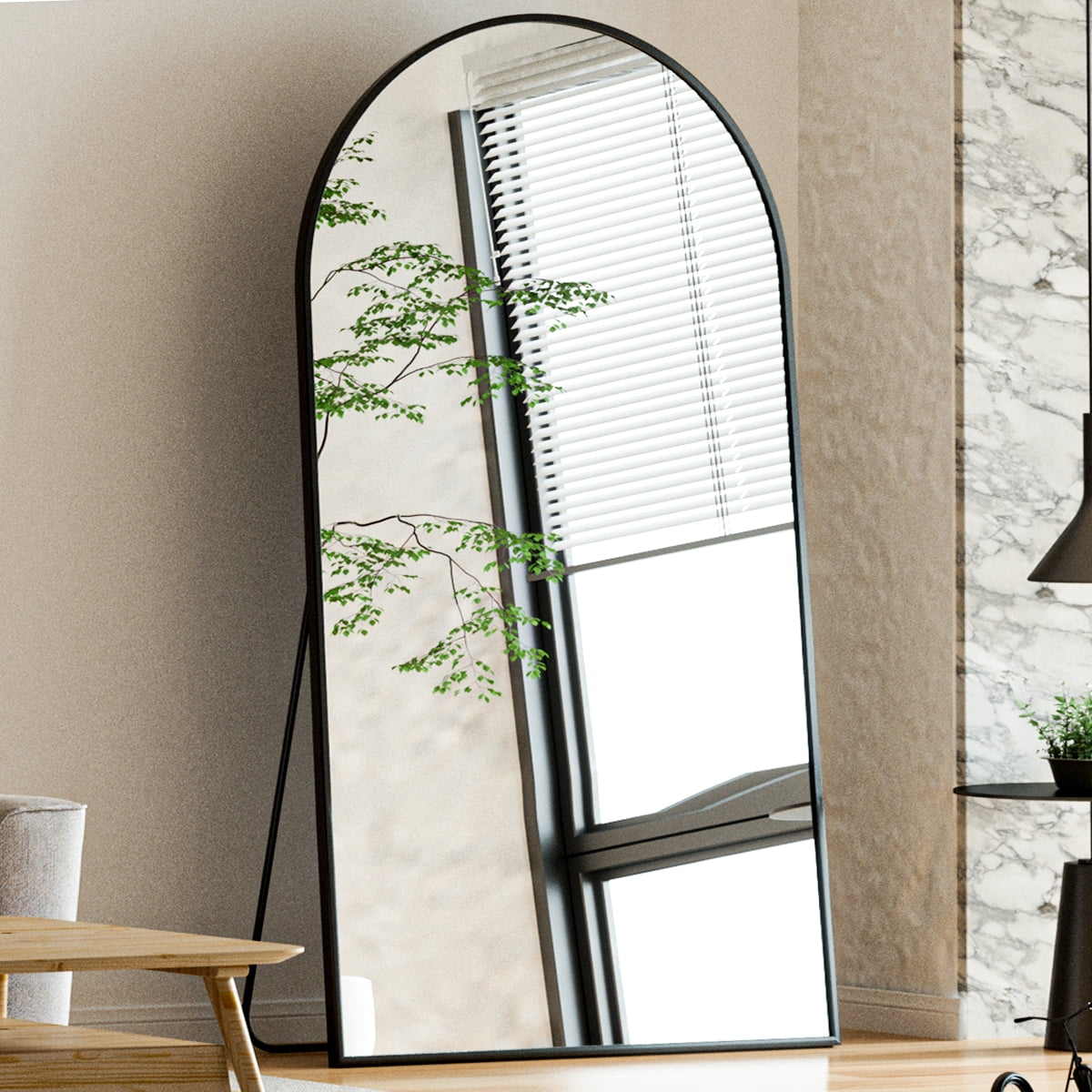 Fynelo 76"x34" Arched Full Length Floor Mirror Free-standing Mirror with Aluminum Alloy Frame, Black
