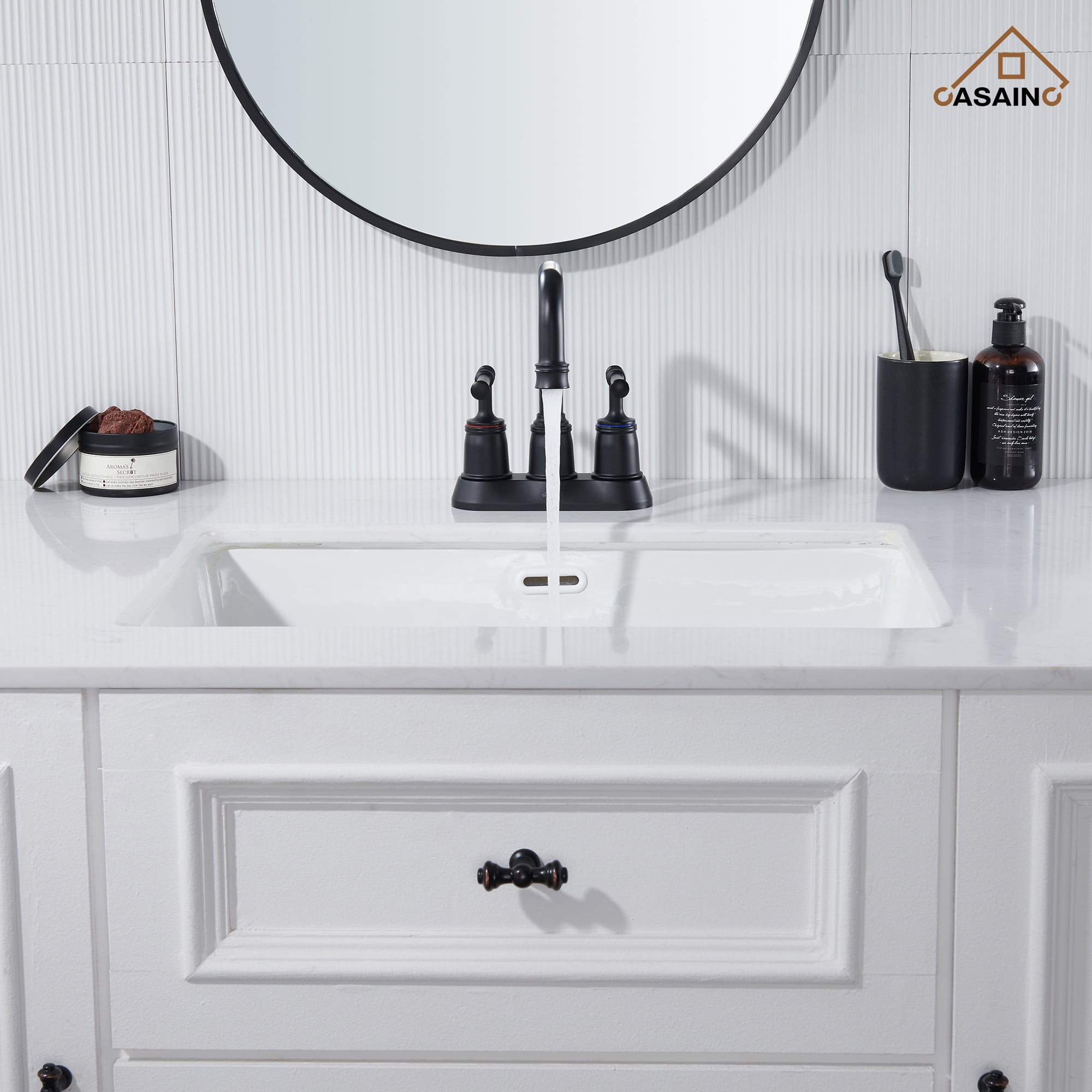 CASAINC 4 in. Centerset Double Handle 2 holes Bathroom Sink Faucet Lavatory Faucet with Stainless steel Drain in Matte Black