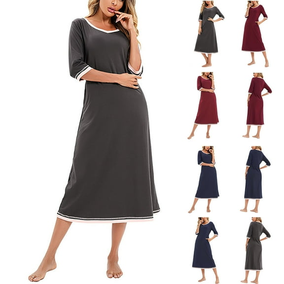 Aboser Cotton Nightgown for Women 3/4 Sleeve Long Sleepshirts Comfy Round Neck Loungewear Loose Fit Sleep Dress Solid Color House Sleepwear