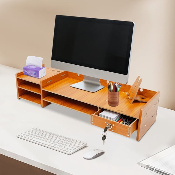 Fixartoo Computer Monitor Stand,25.2"x7.9"Desktop Organizer with Drawer,Keyboard Storage, Phone Holder,For Office Home Study