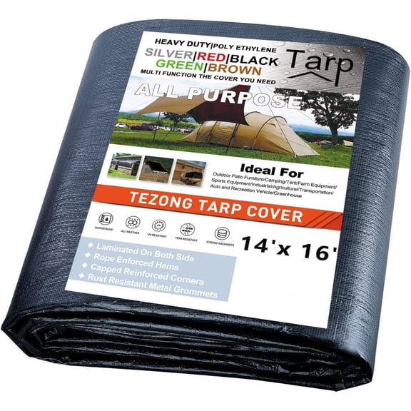 Heavy Duty Waterproof 14x16ft Black Tarp, 12MIL Polyethylene, UV Resistant, Ideal for Camping, Hunting, Emergency Preparedness