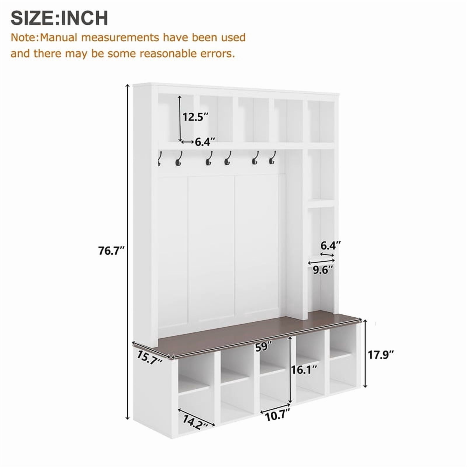 Farmhouse 4-in-1 Entryway Hall Tree with 6 Hooks, Versatile Storage Bench with Open Cubbies, Entryway Coat Rack with Adjustable Shelves for Mudroom, Living Room