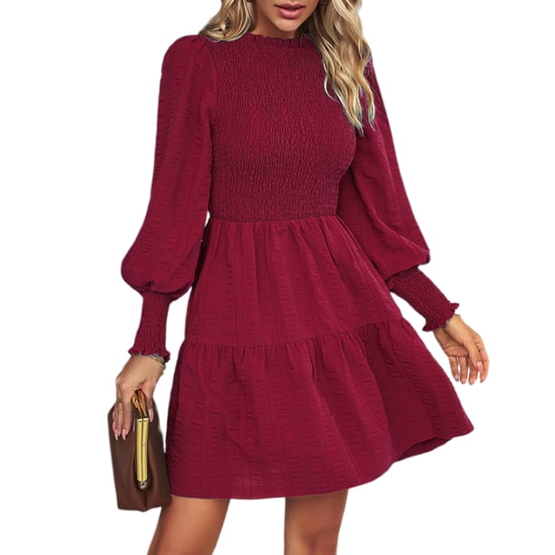 Vestido De Manga Farol Vestido fluido para mujer, jersey, vestido corto Vintage, cintura alta, ropa de trabajo diaria para mujer Ygjytge Vino Tinto Xl para Mujer