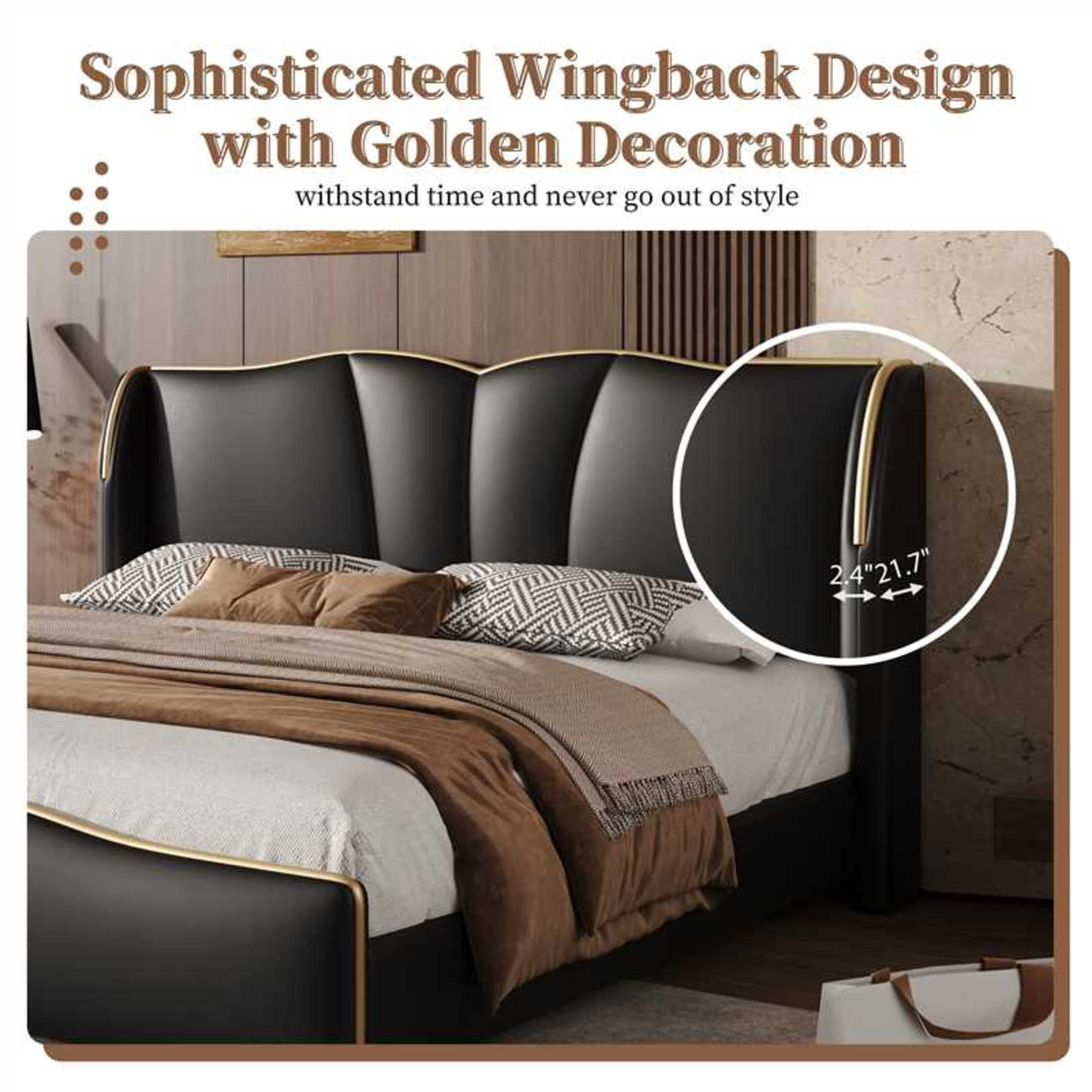 Christopher Knight Home Luxury PU Upholstered Queen Bed Frame with Wingback Headboard, Black