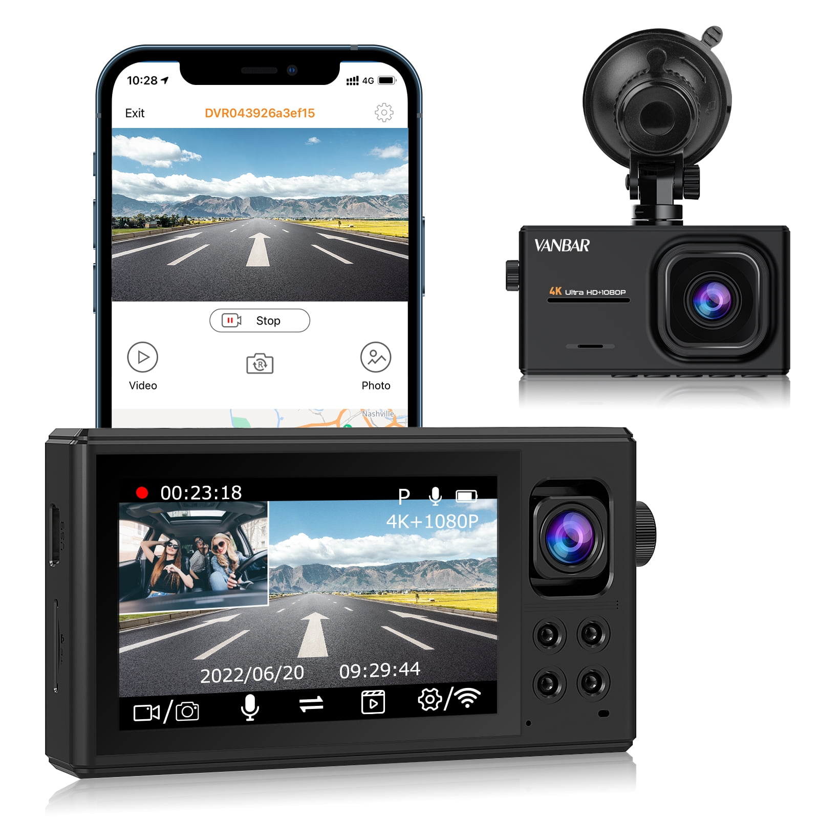voksenalderen Duplikering bemærkede ikke VANBAR 4K Dash Cam Dual Dash Cam Built-in Wifi GPS, 4K/2K 1080P Dual Car Dash  Camera Recorder with Sony Sensor, 170° Wide Angle,Support 256GB , Black -  Walmart.com