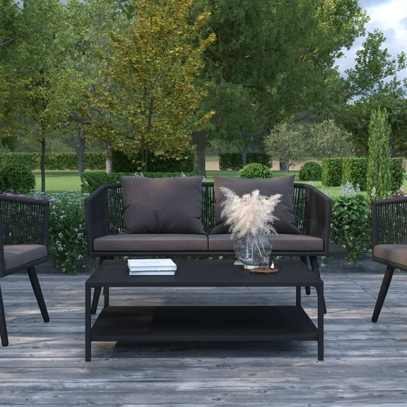 Merrick Lane Two-Tier All-Weather Patio Coffee Table, Black