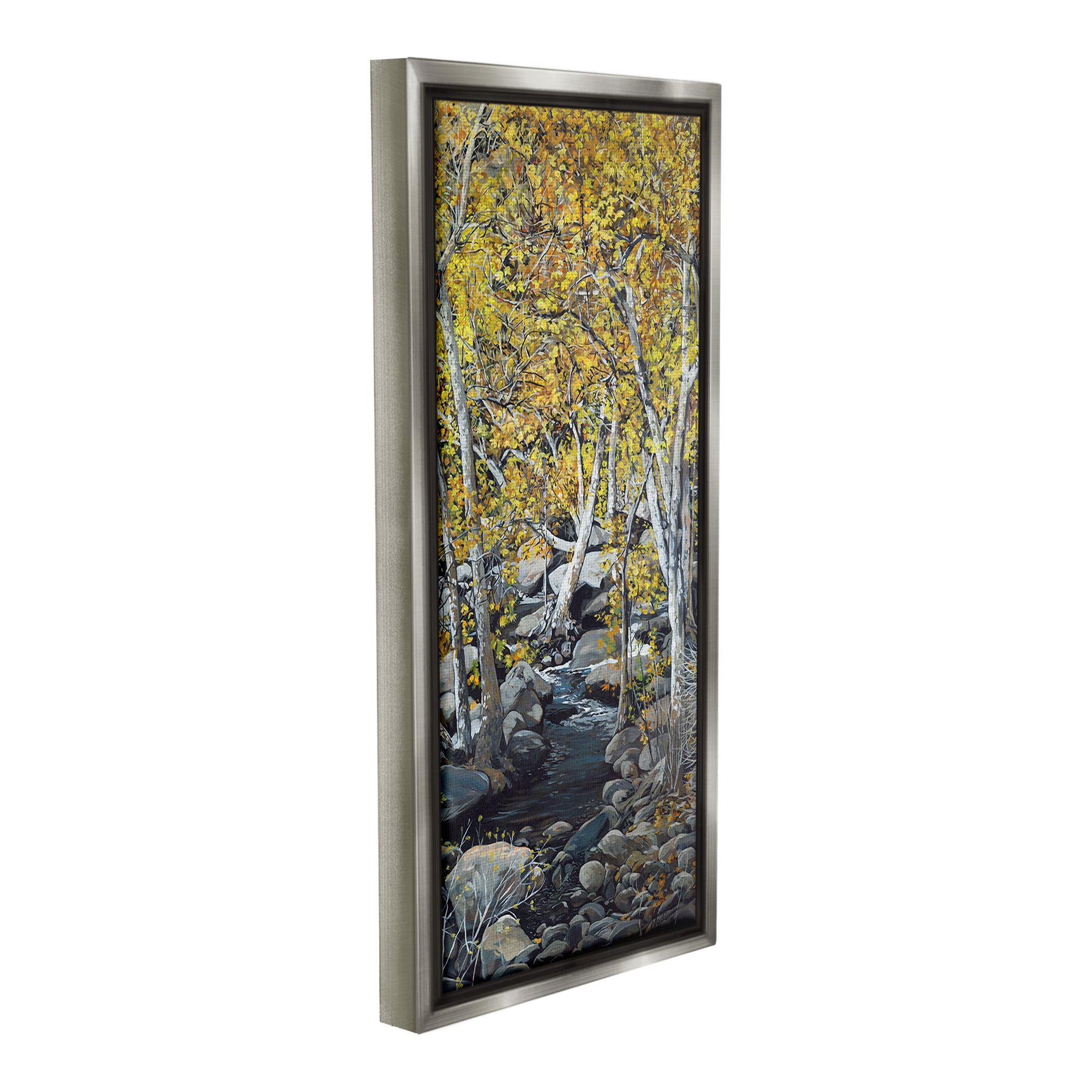 Stupell Industries Birch Tree Creek Landscape Landscape Painting Gray Floater Framed Canvas Art Print Wall Art, 14 x 31
