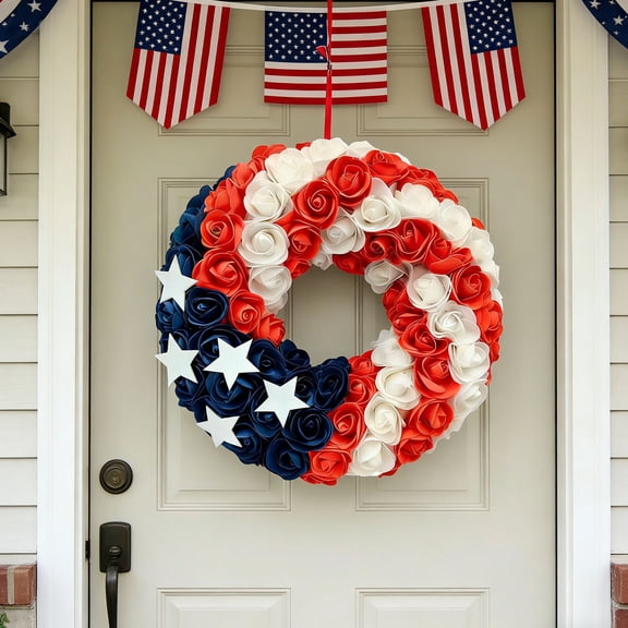 Chmadoxn 12.6 Inch Patriotic Wreath for Front Door, Farmhouse Red White Blue Cloth Flower Wreath, 4th of July Independence Day Memorial Day Wall Window Hanging Decoration