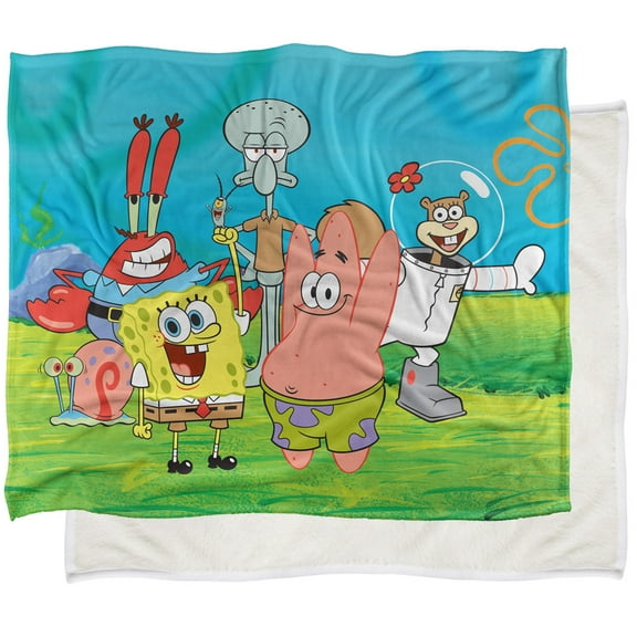 Spongebob Blanket, 50"x60" Spongebob Group Scene Silky Touch Sherpa Back Super Soft Throw Blanket