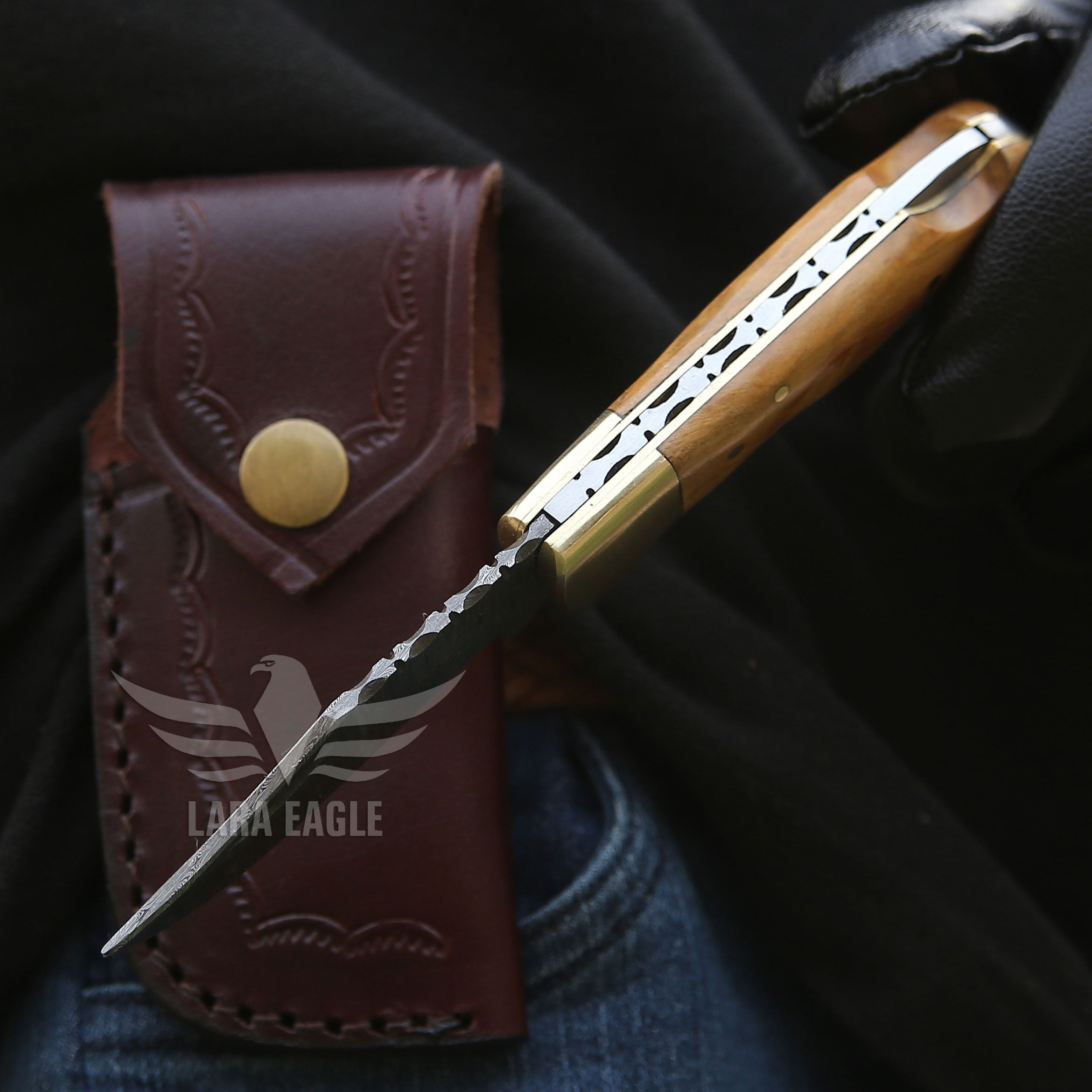 Lara Eagle Damascus Pocket Knife for Men - 133 Layer Solid Steel Handmade Light Brown Folding Hunting 3 inch Blade with Sharpener and Leather Pouch - Knife for Camping Hunting Hiking