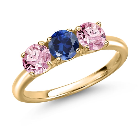 Gem Stone King 10K Yellow Gold Blue Created Sapphire and Pink Lab Grown Diamond Engagement Ring for Women | 1.60 Cttw | Round 5MM | Gemstone September Birthstone | Size 9