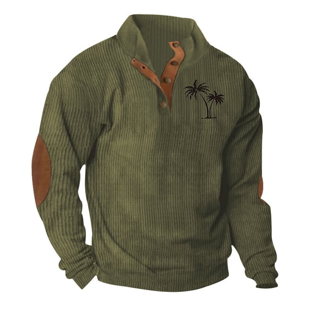 Blusa y camisa de manga larga con cuello alto para hombre, estilo casual, con estampado de palmeras color cacao, deportiva, con cuello alto, botones y patchwork, de poliéster.