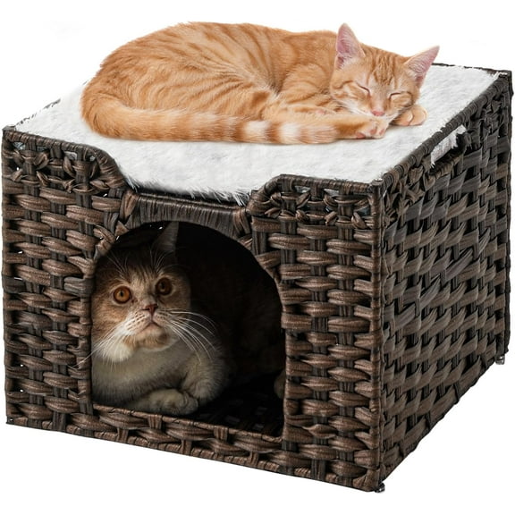 Cat Beds Indoor Kitten House, Handwoven Rattan Cat Cave Pet Cube, Large Cat Houses, One Bed Mat, Foldable, Hideaway, 16.5x16.5x13.2 Inches, 2 S-Shaped Hooks in Living Room Bedroom Brown