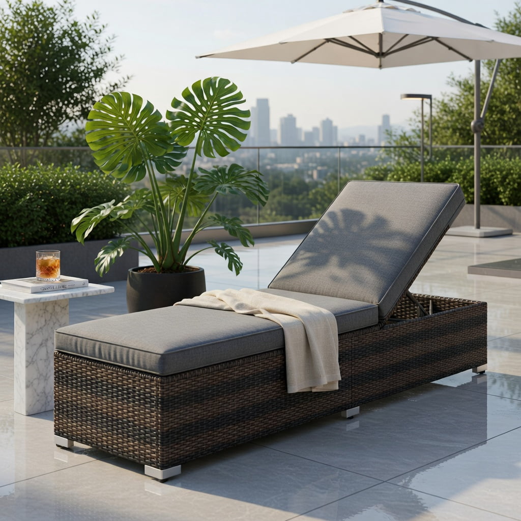 Hommoo Outdoor Wicker Lounge Chair with Adjustable 4-Position Backrest, Extra-Long Gray Cushion & Heavy-Duty Steel Frame, PE Rattan Patio Seating, Brown