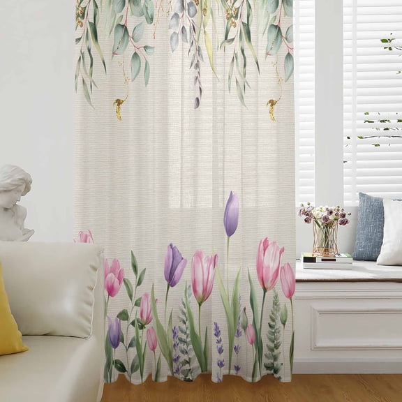 Pink Tulips Semi Sheer Curtains Drapes for Living Room,Bedroom,French Doors Window 45 Inches Long,Spring Floral Green Eucalyptus Leaves Rustic Rod Pocket Chiffon Curtain Drapery Voile Draperies Panel