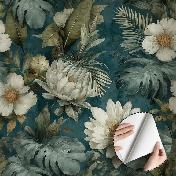 Dark Teal Botanical Floral Wallpaper, Vintage Boho Peel and Stick Wallpaper, Waterproof Contact Paper for Home Decor, Removable Wall Decoration for Living Room Bedroom Kitchen 17.7 * 118 in