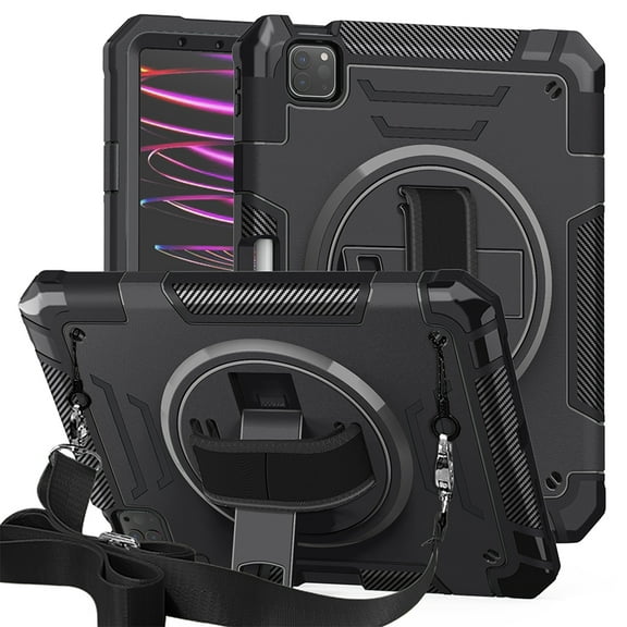 Decase Shockproof Case for iPad Pro 11 Case 4th/ 3rd/ 2nd/ 1st Gen (2022/2021/2020/2018), Military Grade Protection Rotating Stand Hand Strap Shoulder Strap Kids Friendly Bumper Rugged Case,Black
