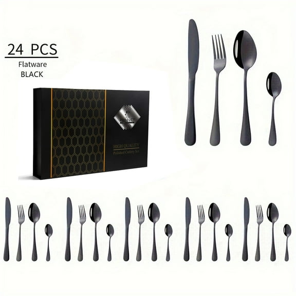 Black Silverware Set, 24-Piece Flatware Set Cutlery Set Premium Stainless Steel, Service for 6, for Kitchen, Home, Wedding, Party, Mirror Polished and Dishwasher Safe