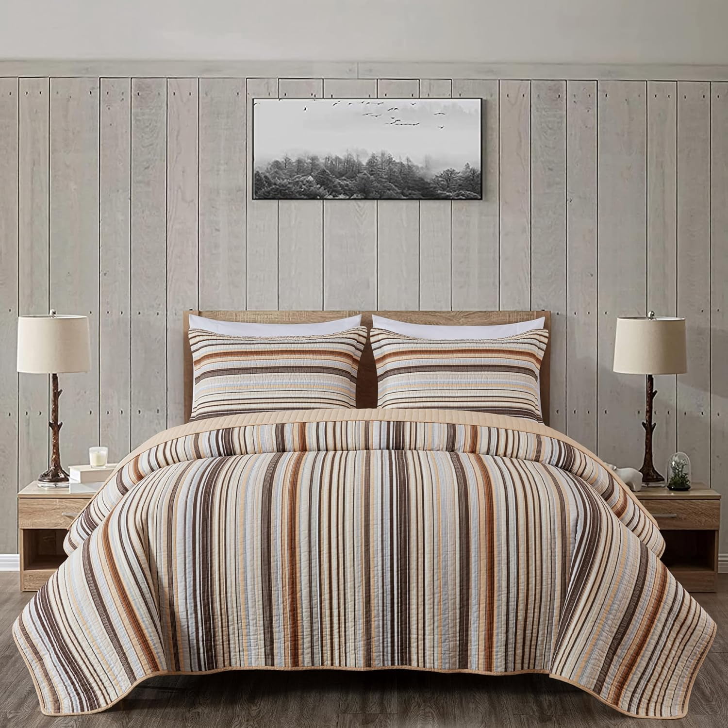 Chezmoi Collection Avery Striped Cotton Quilt Set Queen Size, 3-Piece Soft Pre-Washed 100% Cotton Quilt, Multi-Color Brown